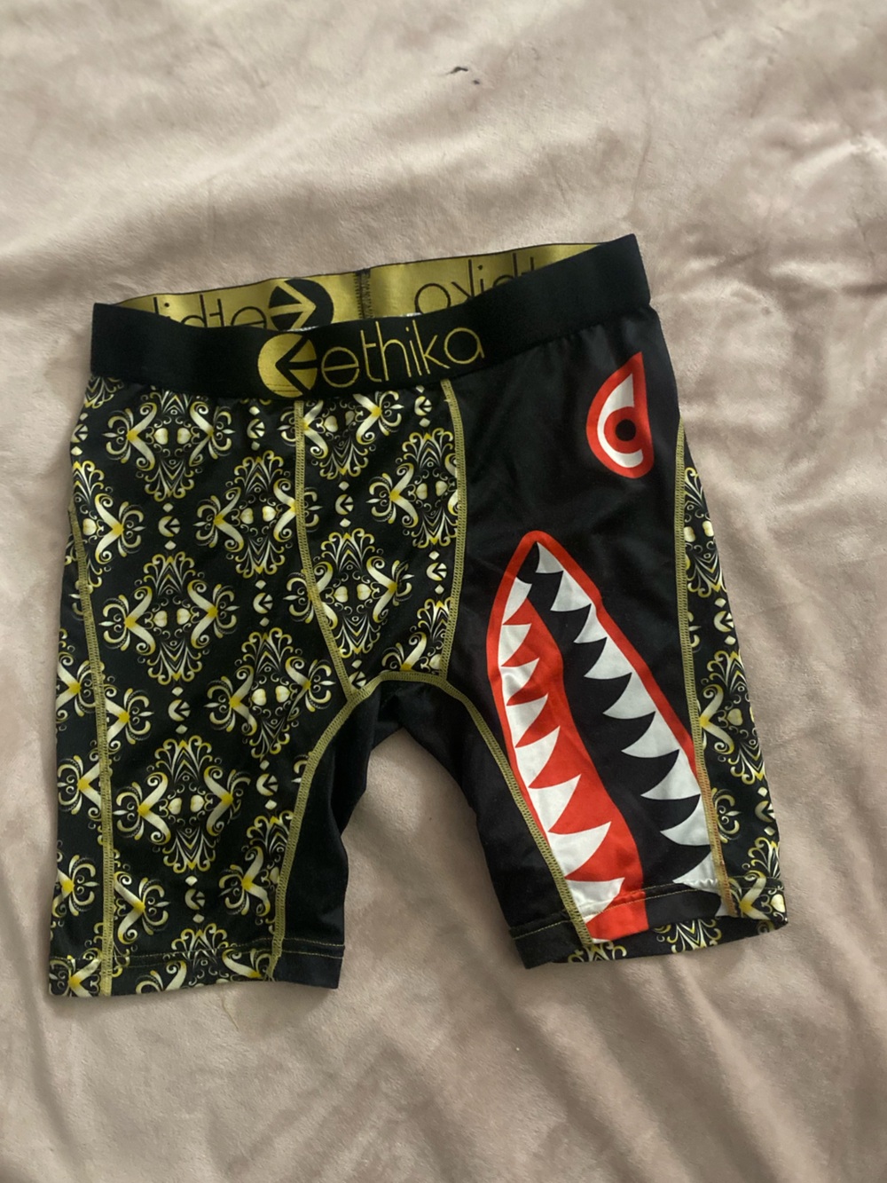 ethika Black, Gold and Red Kids' Compression Shorts with Shark Mouth